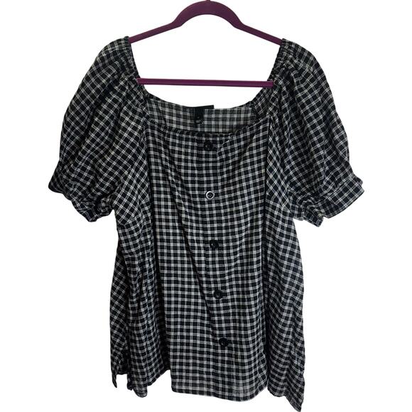 Lane Bryant Black White Plaid Peasant Button Front Top Size 16 Puff Sleeve Boho - Picture 1 of 6